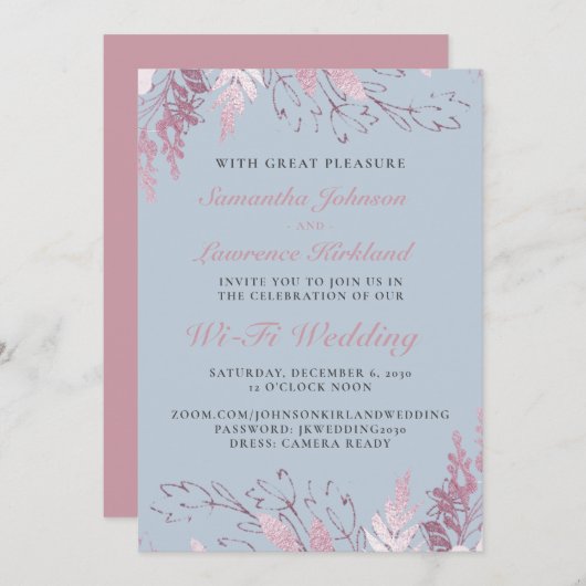 Dusty Blue Pink Floral Virtual Wedding Einladung (Vorne/Hinten)