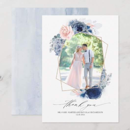 Dusty Blue Pink Floral Wedding Danke Foto (Vorne/Hinten)