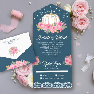 Dusty Blue Pink Floral White Pumpkin Wedding All In One Einladung