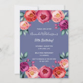 Dusty Blue Pink Florals Luxus Geburtstag Einladung (Vorderseite)