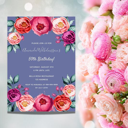 Dusty Blue Pink Florals Luxus Geburtstag Einladung