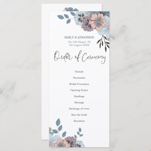 Dusty Blue Pink Florals Stilvolle Script Wedding Programm (Vorne/Hinten)