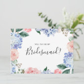 Dusty Blue Pink hydrangeas Bridesmaid Vorschlag Einladung (Stehend Vorderseite)