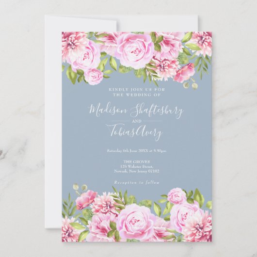 Dusty Blue Pink Peony Greenery Floral Wedding Einladung (Vorderseite)