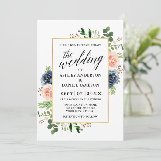 Dusty Blue Pink Roses Calligraphy Wedding Einladung (Stehend Vorderseite)