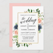 Dusty Blue Pink Roses Calligraphy Wedding Einladung (Vorne/Hinten)