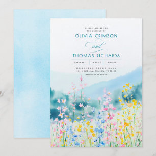 Dusty Blue Pink und Yellow Wildblumen Hochzeit Einladung