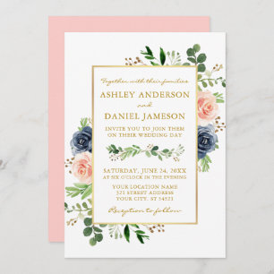 Dusty Blue Pink Watercolor Rose Gold Wedding Einladung