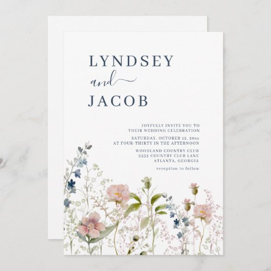 Dusty Blue Pink Wildblume Hochzeit Einladung (Vorne/Hinten)