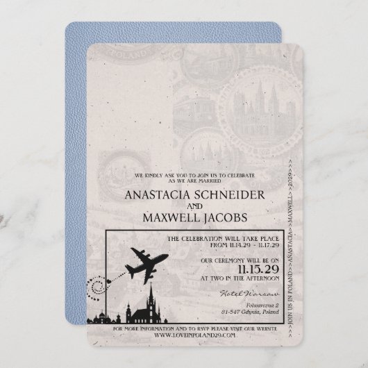 Dusty Blue Poland Passport Hochzeitseinladung Einladung (Vorne/Hinten)