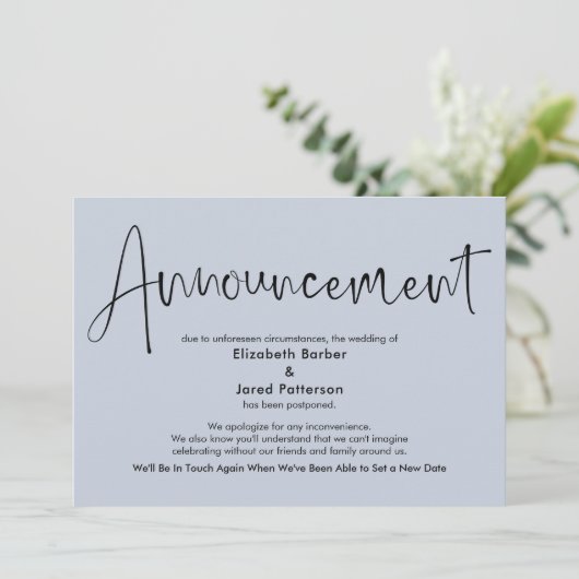 Dusty Blue Postponed Wedding Announcement Card Einladung (Stehend Vorderseite)