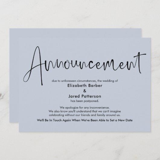 Dusty Blue Postponed Wedding Announcement Card Einladung (Vorne/Hinten)