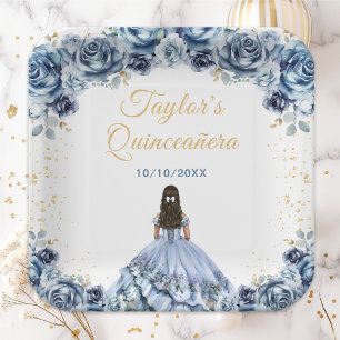 Dusty Blue Princess Floral Quinceañera Pappteller