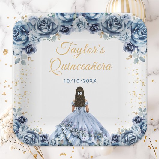 Dusty Blue Princess Floral Quinceañera Pappteller