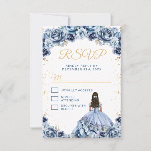 Dusty Blue Princess Floral Quinceañera RSVP Karte (Vorderseite)