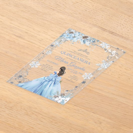 Dusty Blue Princess Floral Winter Snow Quinceañera Acryleinladungen (Ablage )