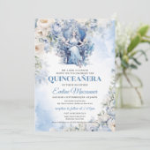 Dusty Blue Princess mit Blume und Tiara Einladung (Stehend Vorderseite)