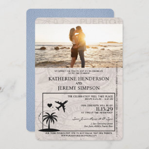 Dusty Blue Puerto Rico Passport Wedding Einladung
