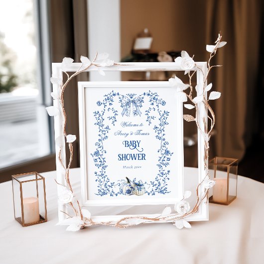 Dusty Blue Pumpkin Fall Floral Boy Baby Dusche Poster