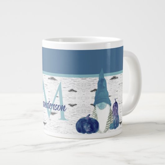 Dusty Blue Pumpkin Gnomes Aspen Rustic House Gia Jumbo-Tasse (Vorderseite Rechts)