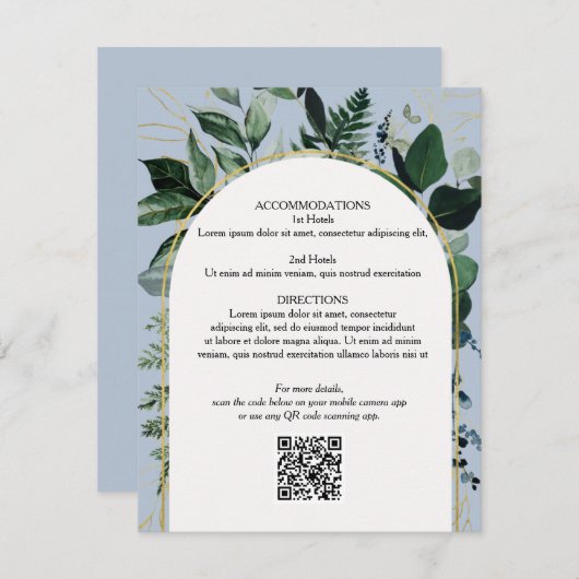Dusty Blue QR-Code Botanik Hochzeitsinformationen Begleitkarte (Vorne/Hinten)