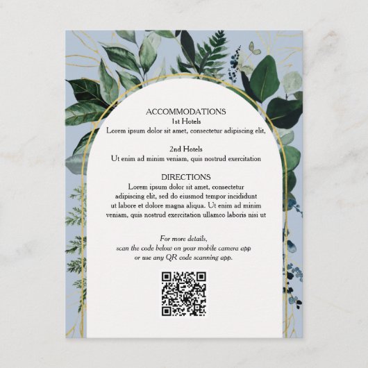 Dusty Blue QR-Code Botanik Hochzeitsinformationen Begleitkarte (Vorderseite)