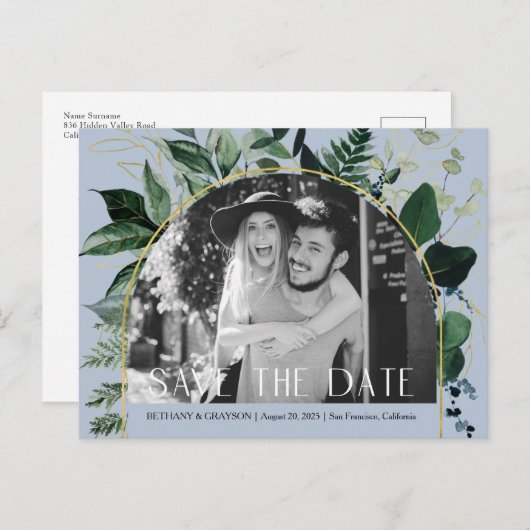 Dusty Blue, QR-Code Botanisches Foto Save the Date Ankündigungspostkarte (Vorne/Hinten)