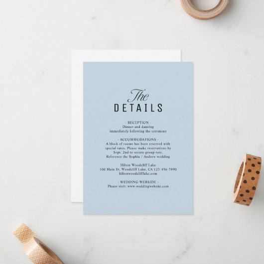 Dusty Blue QR Code Classy Wedding Details Mitteilungskarte (Vorderseite/Rückseite Beispiel)