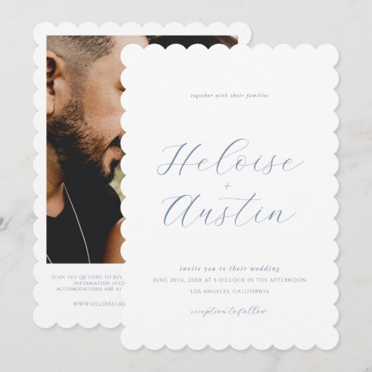 Dusty Blue QR Code Foto B&W Wedding Einladung (Vorne/Hinten)