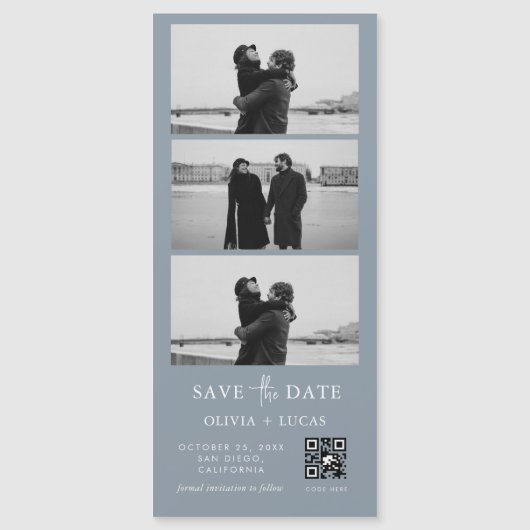 Dusty Blue QR Code Foto Strip Magnetic Wedding Magnetkarte (Vorderseite)