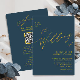 Dusty Blue QR Code in einem Gold Script Hochzeit Einladung