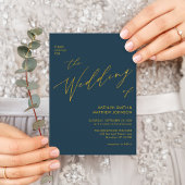 Dusty Blue QR Code in einem Gold Script Hochzeit Einladung