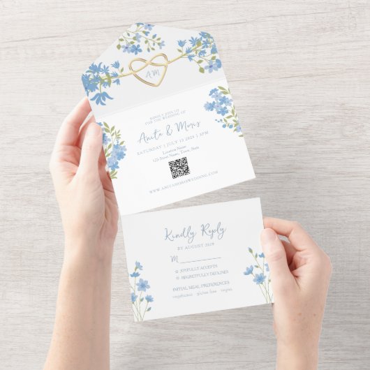Dusty Blue QR Code Periwinkle Wedding All In One Einladung (Abreißen)