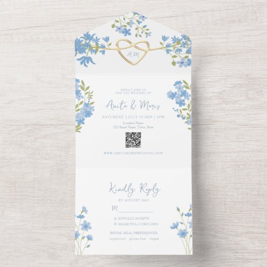 Dusty Blue QR Code Periwinkle Wedding All In One Einladung (Innen Boden)