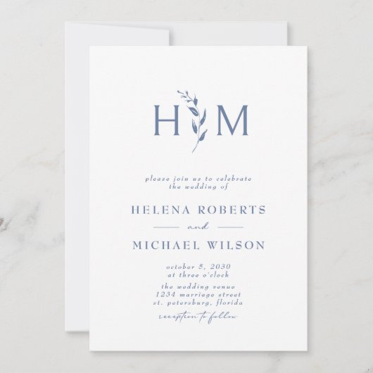 Dusty Blue QR Code UAWG Botanische Monogramm Hochz Einladung (Vorderseite)