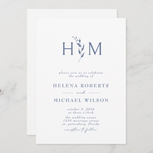 Dusty Blue QR Code UAWG Botanische Monogramm Hochz Einladung (Vorne/Hinten)