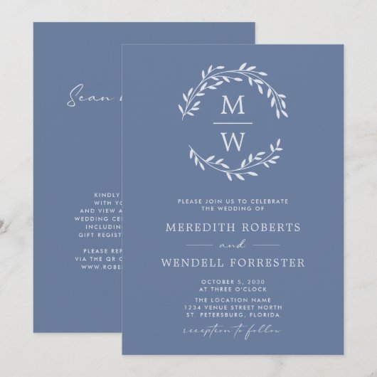 Dusty Blue QR Code UAWG Monogram Wreath Wedding Einladung (Vorne/Hinten)