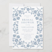 Dusty Blue QR Code Weißes Folklorefloral Brautpart Einladung (Vorderseite)