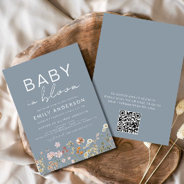 Dusty Blue QR Code Wildblume Baby in Bloom Shower Einladung