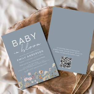 Dusty Blue QR Code Wildblume Baby in Bloom Shower Einladung
