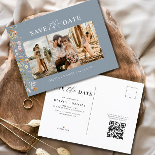 Dusty Blue QR Code Wildblume Floral Wedding Ankündigungspostkarte