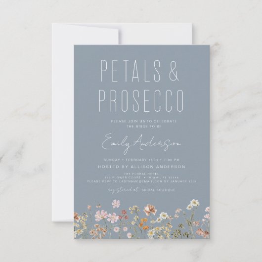Dusty Blue QR Code Wildblume Petals & Prosecco Einladung (Vorderseite)