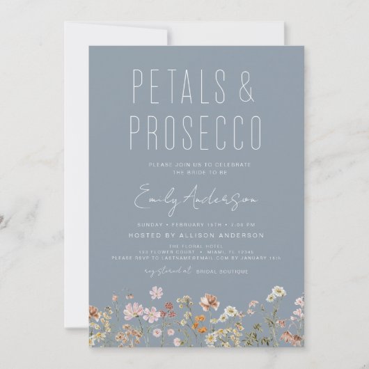Dusty Blue QR Code Wildblume Petals & Prosecco Einladung (Vorderseite)