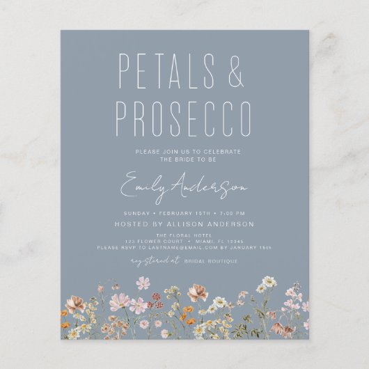 Dusty Blue QR Code Wildblume Petals & Prosecco Flyer (Vorne)