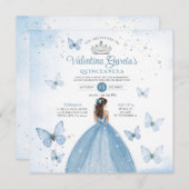 Dusty Blue Quinceañera 15 Anos Butterfly Silver Einladung (Vorne/Hinten)