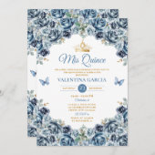 Dusty Blue Quinceañera 15 Anos Flowers Gold Crown Einladung (Vorne/Hinten)