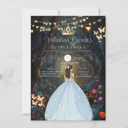 Dusty Blue Quinceañera 15 Anos Fores Blume Gold Einladung (Vorderseite)