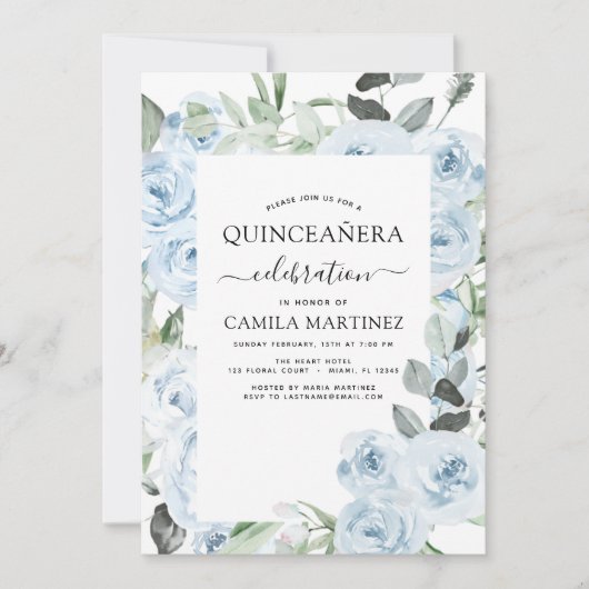 Dusty Blue Quinceañera Einladung (Vorderseite)