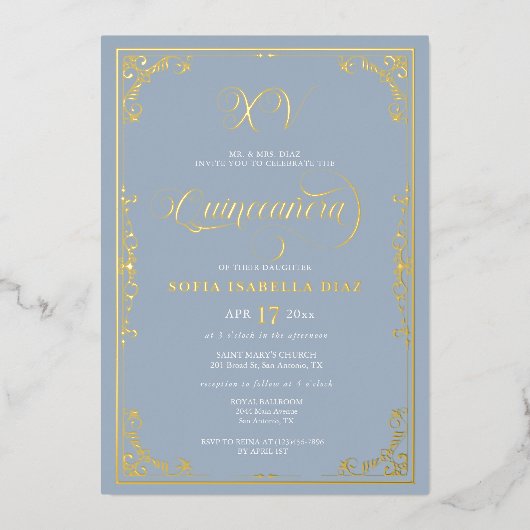 Dusty Blue Quinceañera Goldschmied Folieneinladung (Vorderseite)