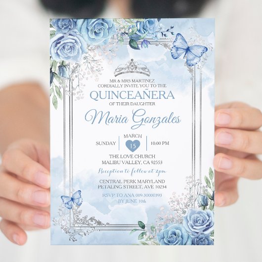 Dusty Blue Quinceañera Silver Crown Butterfly Einladung